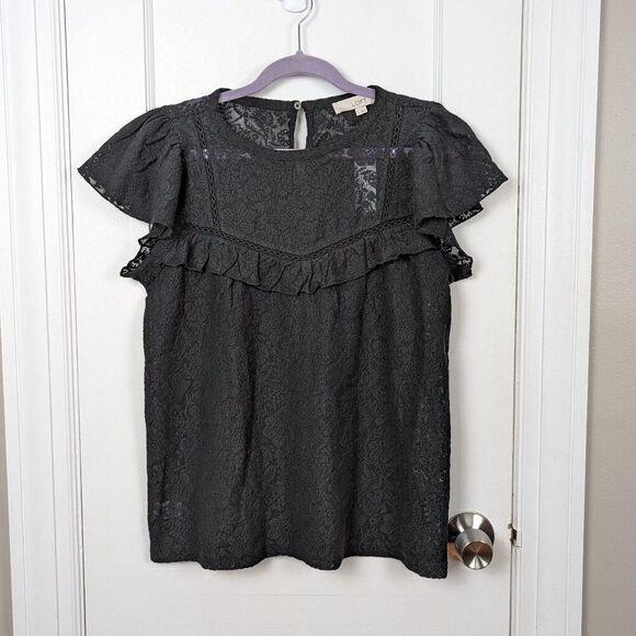 Loft | NWT Black Lace Ruffle Short Sleeve Top Size Small - Picture 1 of 10